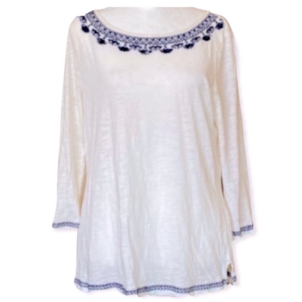 Tommy Bahama Embroidered White & Navy Beaded Blouse Top - size women's medium M